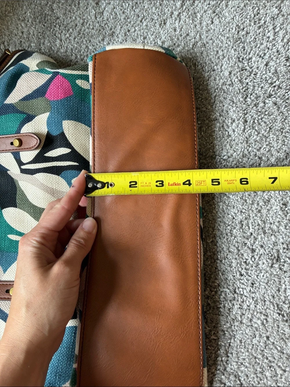 Fossil Canvas Tote in Multicolor Leaf Print with Tan Leather Handles